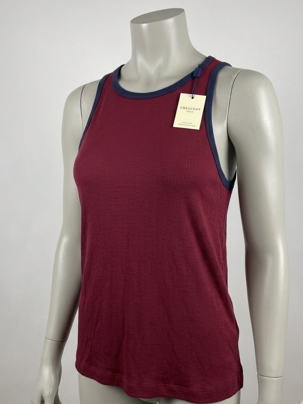 Crescent Burgundy Ribbed Tank with Navy Trim